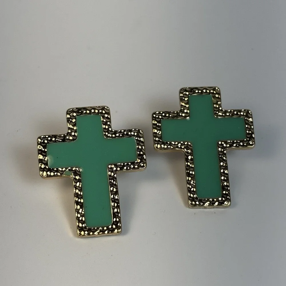 Cross Earrings Religious‎ Crucifix Green Enamel On Gold Tone Huge